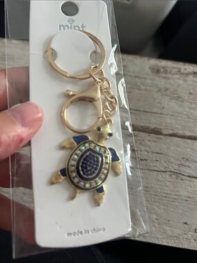 5/$25 Mint Gold Turtle Keychain with Navy and Iridescent Accents